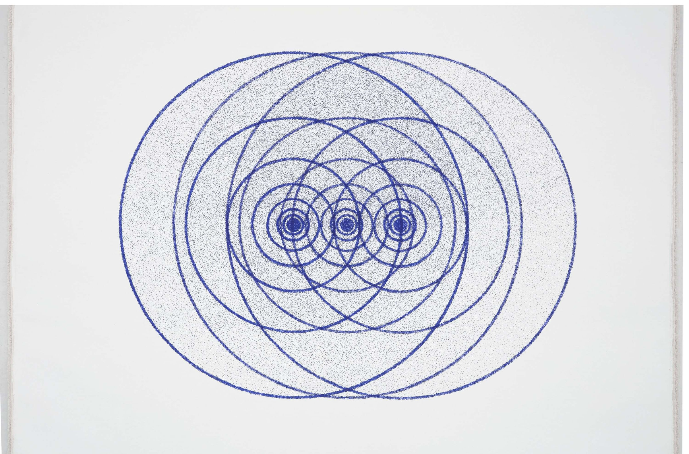 Blue concentric circular forms printed on white textile, forming overlapping geometric patterns with visible pointillist texture.