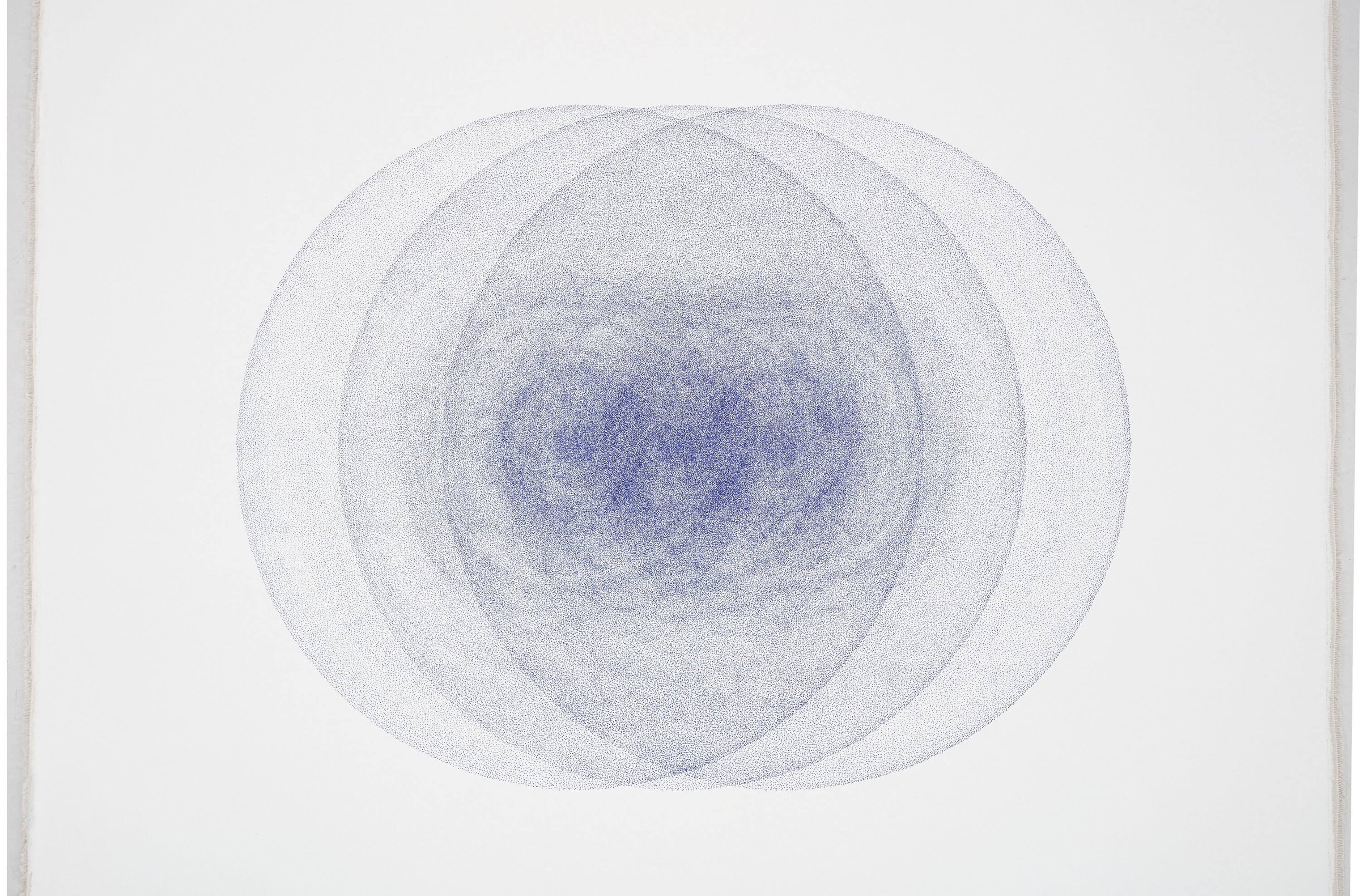 Layered blue circular gradients printed on white fabric, creating a soft oval composition through dense dot patterns.