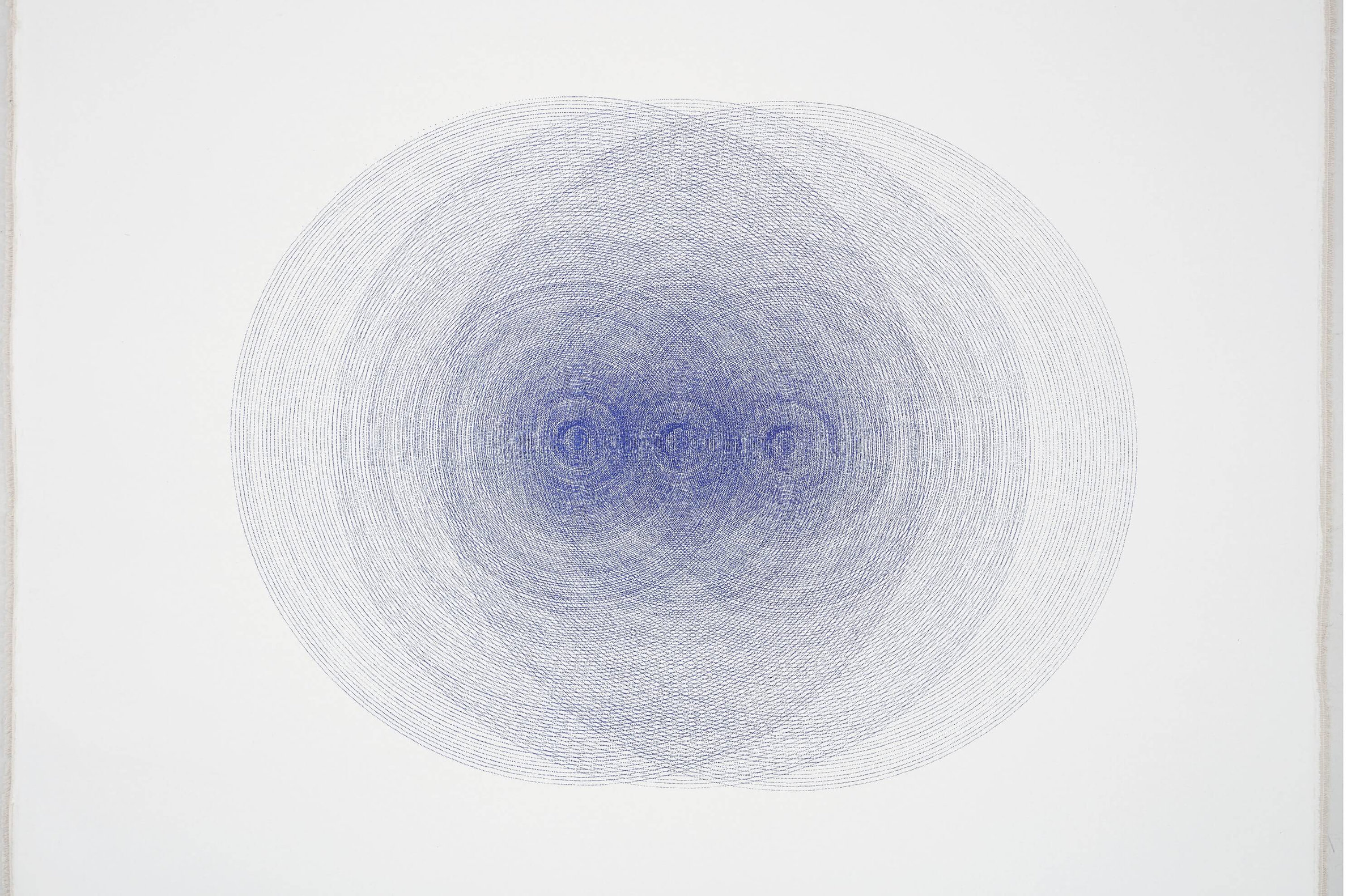 Dense blue concentric line pattern printed on white textile, forming three overlapping circular centers within an oval shape.