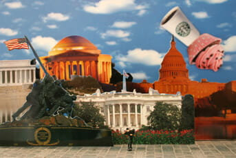 Photomontage collage, Washington DC landmarks including White House, Capitol Building, and Iwo Jima Memorial with American flag, miniature dancing man figure in foreground, oversized coffee cup and muffin emerging from clouds above.