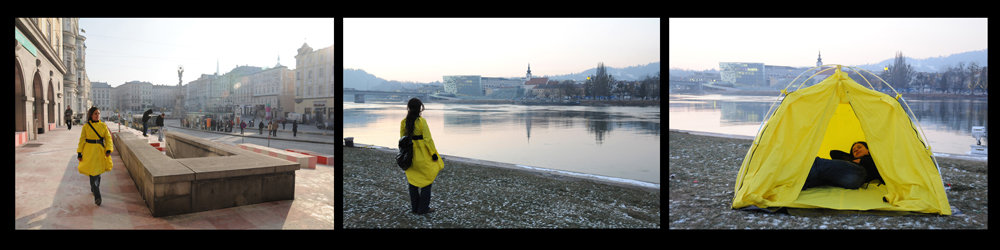 Performance documentation triptych, performer wearing yellow wearable tent-coat walking along Danube riverbank in Linz, transforming garment into shelter, photographed across three sequential moments.