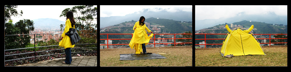Performance documentation triptych, yellow wearable tent-coat transformation on Medellín hillside, showing arrival, unpacking process, and completed shelter against mountain cityscape.