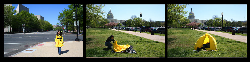 Performance documentation triptych, yellow wearable tent-coat transformation on Capitol grounds in Washington D.C., showing street arrival, unpacking process, and completed shelter with Capitol building backdrop.
